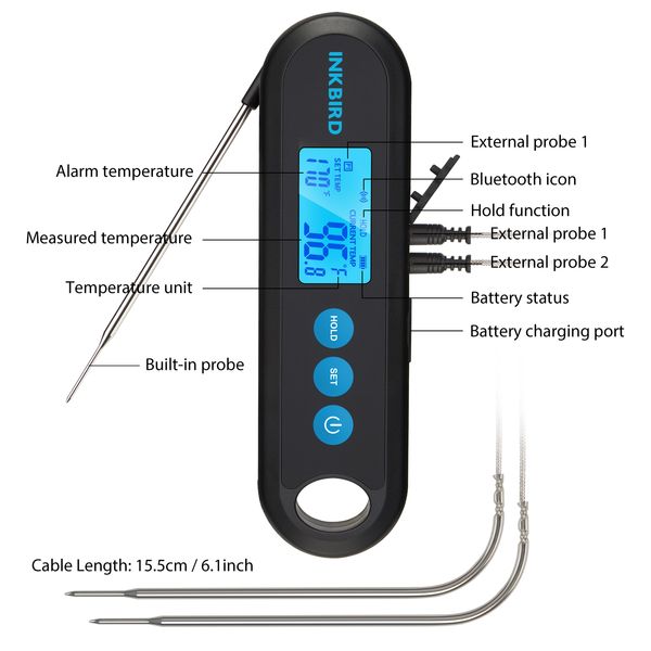 BBQ термометр Inkbird IHT-2PB цифровий із Bluetooth, вбудований та 2 виносні щупи (INKB122) | INKB122 фото