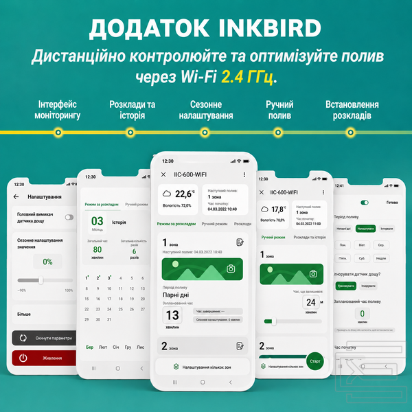 Контролер поливу Inkbird IIC-600 на 6 зон із Wi-Fi розумний | керування через додаток, 4 цикли, підтримка датчика дощу, ручний та автоматичний режими | INKB113WT фото