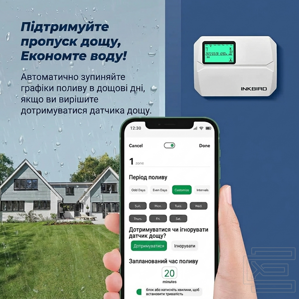 WiFi контролер поливу Inkbird IIC-800-WIFI на 8 зон із захисною кришкою для вуличного монтажу | керування через застосунок, функція Rain Bypass, сезонне коригування -90%&hellip;+100%, енергонезалежна пам'ять | автоматичний полив саду та газону | INKB114WT фото