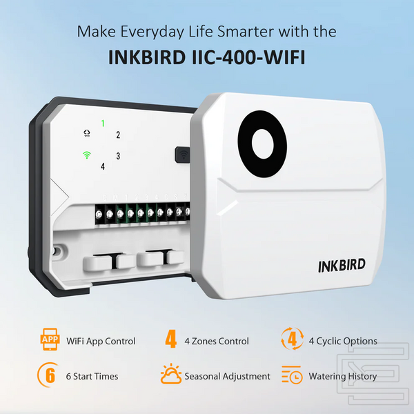 Контролер поливу Inkbird IIC-400-WIFI на 4 зони із Wi-Fi | керування через додаток, 4 цикли, підтримка датчика дощу, ручний та автоматичний режими | INKB257WT фото