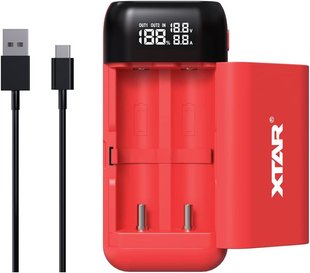 Зарядний пристрій XTAR PB2SL Type-C 18650~21700P 3.6V/3.7 Li-ion Power Bank З дисплеєм QC3.0 & PD3.0 | заряд - 2Ax2, 2Ax1, 1Ax2 / розряд - 5V 2А | 2 слоти | Червоний (XTR346RD) | XTR346RD фото