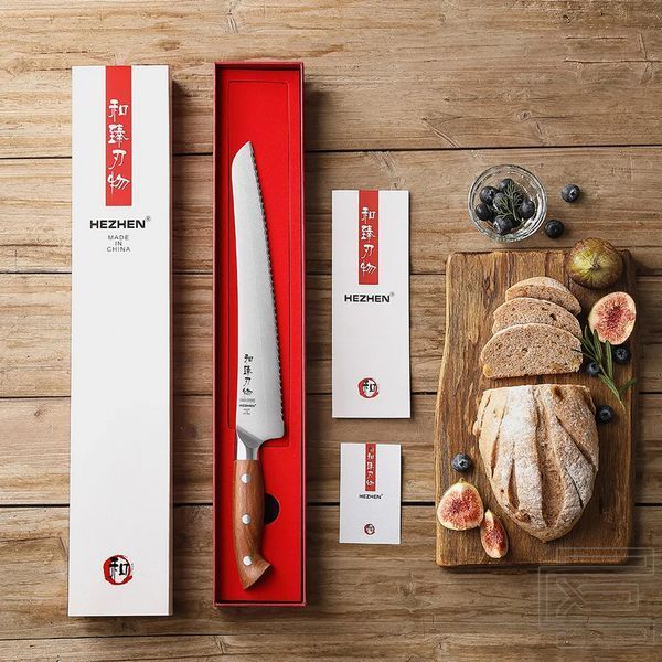 Ніж для хліба HEZHEN X02 серії SUPREME кухонний, лезо 270мм, німецька нержавіюча сталь 1.4116, 56-58HRC, червоне дерево (ZEN125) | ZEN125 фото