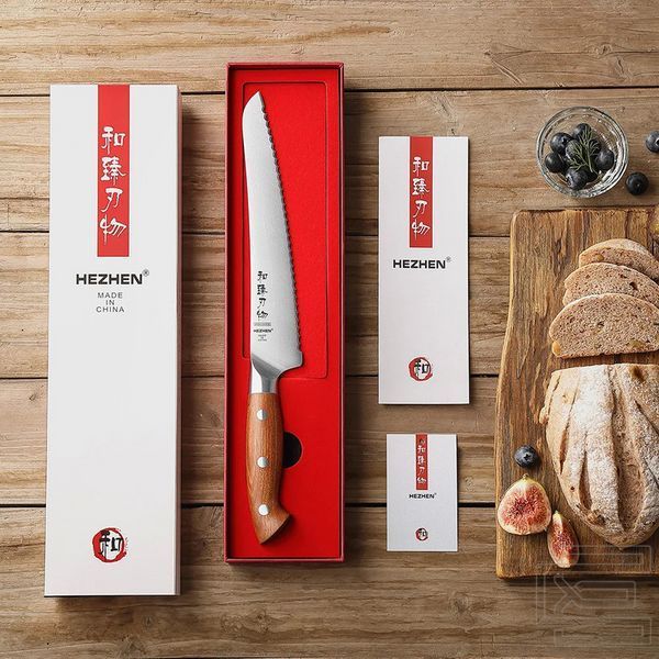 Ніж для хліба HEZHEN X02 серії SUPREME кухонний, лезо 215мм, німецька нержавіюча сталь 1.4116, 56-58HRC, червоне дерево (ZEN126) | ZEN126 фото