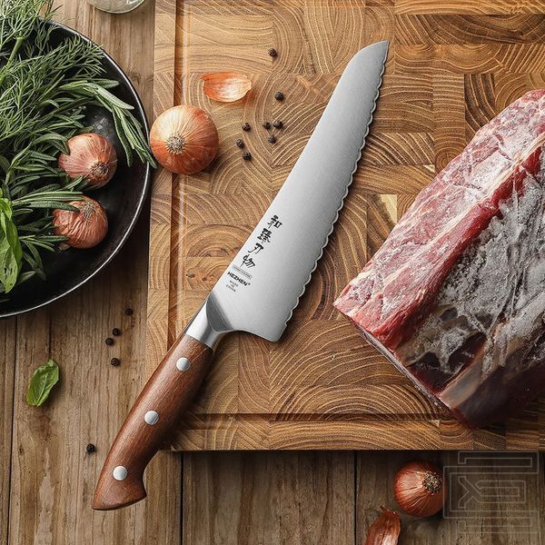 Ніж для заморожених продуктів HEZHEN X02 серії SUPREME кухонний, лезо 206мм, німецька нержавіюча сталь 1.4116, 56-58HRC, червоне дерево (ZEN128) | ZEN128 фото