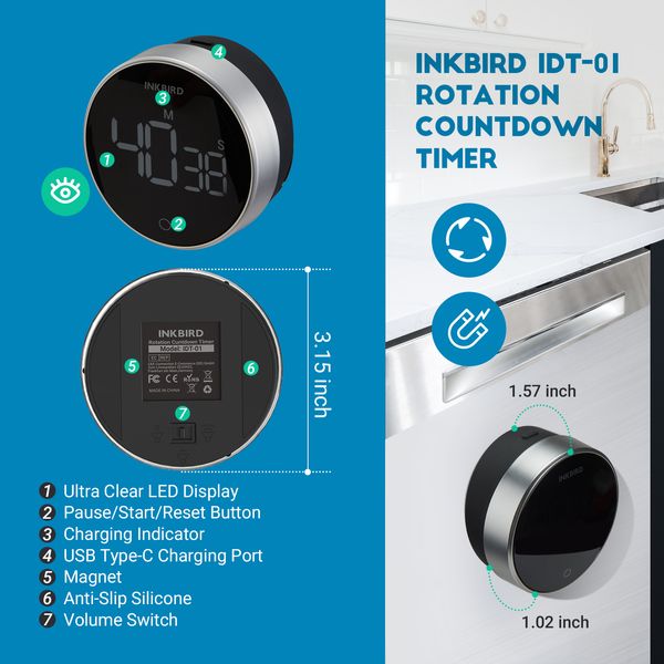 Таймер/секундомір Inkbird IDT-01 срібного кольору кухонний 2-в-1 (INKB177) | INKB177 фото