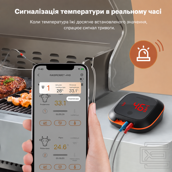 BBQ термометр Inkbird IBT-4XS Bluetooth цифровий на 4 кольорові щупи для м'яса, гриля, духовки та коптильні | керування через застосунок BBQ Go, дальність до 50 м, акумулятор до 40 годин | магнітний термометр для стейків з таймером | INKB124 фото