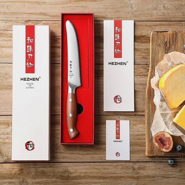 Ніж для сиру HEZHEN X02 серії SUPREME кухонний, лезо 150мм, німецька нержавіюча сталь 1.4116, 56-58HRC, червоне дерево (ZEN135) | ZEN135 фото