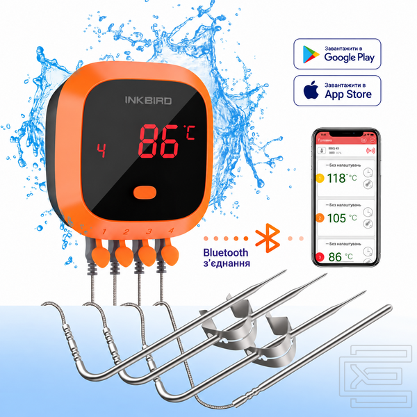 BBQ термометр Inkbird IBT-4XC Bluetooth із захистом IPX5 на 4 щупи для м'яса, гриля, духовки та коптильні | мобільний додаток INKBIRD | дальність до 50 м | акумулятор до 40 годин | INKB125 фото