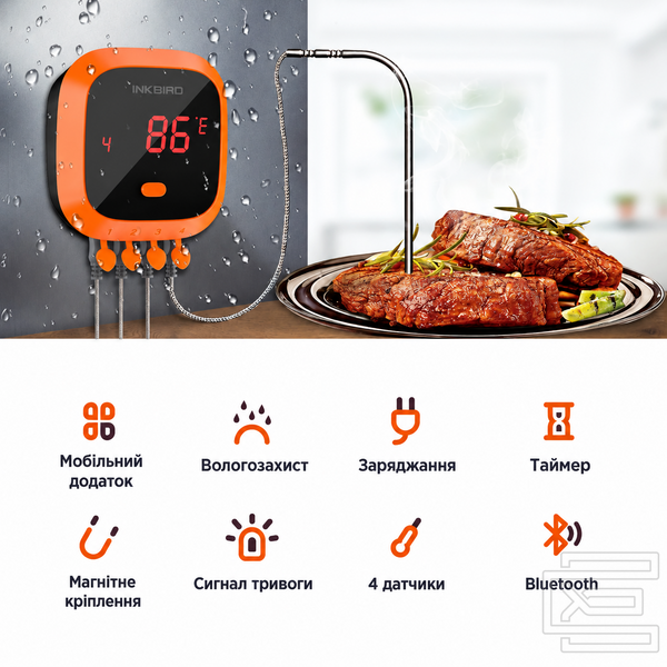 BBQ термометр Inkbird IBT-4XC Bluetooth із захистом IPX5 на 4 щупи для м'яса, гриля, духовки та коптильні | мобільний додаток INKBIRD | дальність до 50 м | акумулятор до 40 годин | INKB125 фото