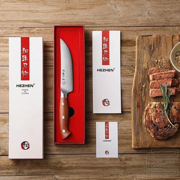 Ніж для стейка HEZHEN X02 серії SUPREME кухонний, лезо 135мм, німецька нержавіюча сталь 1.4116, 56-58HRC, червоне дерево (ZEN136) | ZEN136 фото