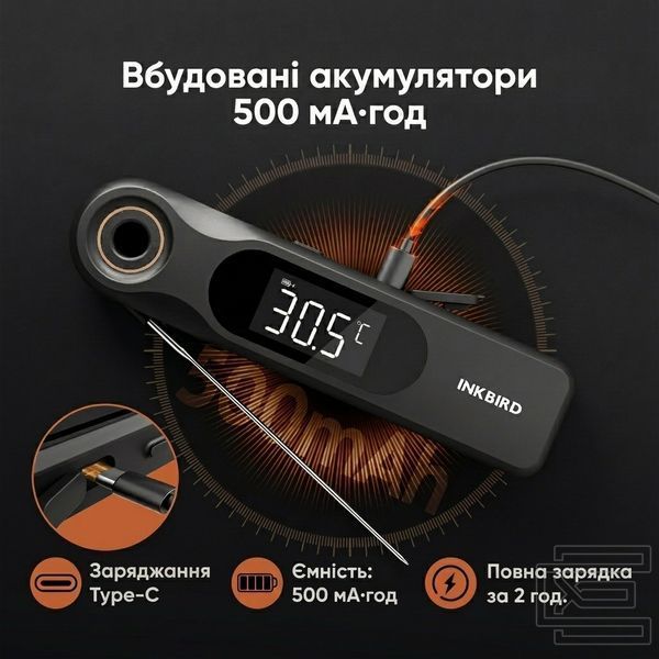 BBQ термометр Inkbird IHT-51K кулінарний цифровий складний автоматичний із двома LCD на 1 щуп, швидкий 0,5с, заряджання USB Type-C | INKB282 фото