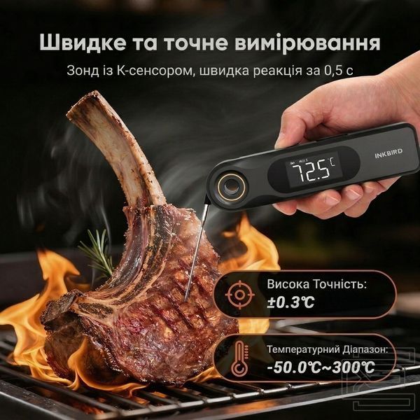 BBQ термометр Inkbird IHT-51K кулінарний цифровий складний автоматичний із двома LCD на 1 щуп, швидкий 0,5с, заряджання USB Type-C | INKB282 фото