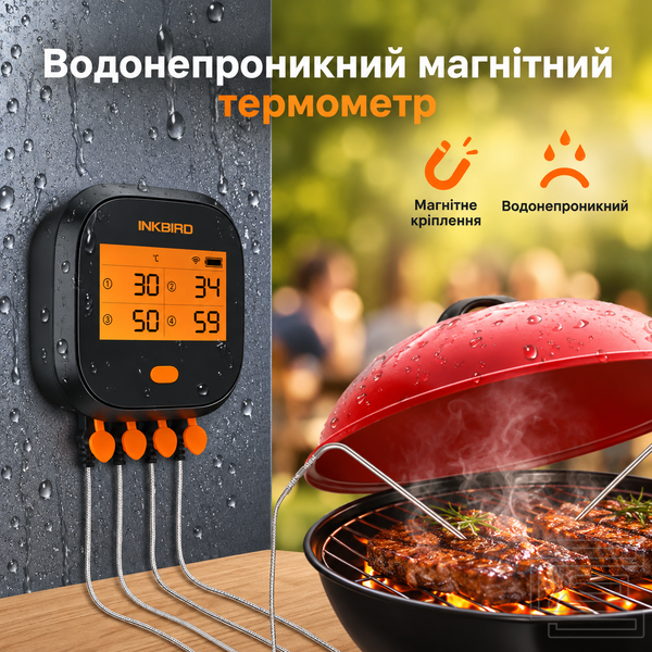 BBQ термометр Inkbird IBBQ-4T Wi-Fi на 4 щупи для м'яса, гриля, духовки та коптильні | мобільний додаток INKBIRD | захист IPX3 | акумулятор до 26 годин | INKB126 фото