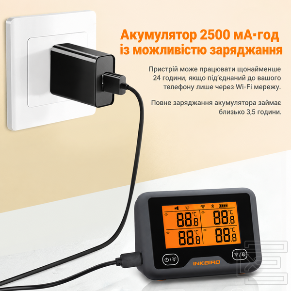 BBQ термометр Inkbird IBBQ-4BW з подвійним підключенням WiFi та Bluetooth на 4 щупи для м'яса, гриля, духовки та коптильні | мобільний застосунок | 11 готових пресетів, точність &plusmn;1&deg;C, акумулятор до 24 годин | INKB129 фото