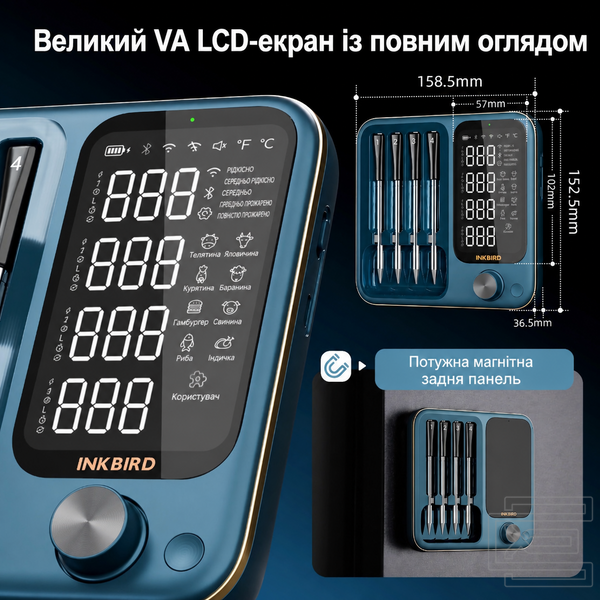 BBQ термометр Inkbird INT-14S-BW кулінарний цифровий із Bluetooth та Wi-Fi 2.4G | 4 бездротові щупи із 5 датчиками кожен, WiFi + Bluetooth 5.4, точність &plusmn;0.3&deg;C, IP67 | INKB287 фото