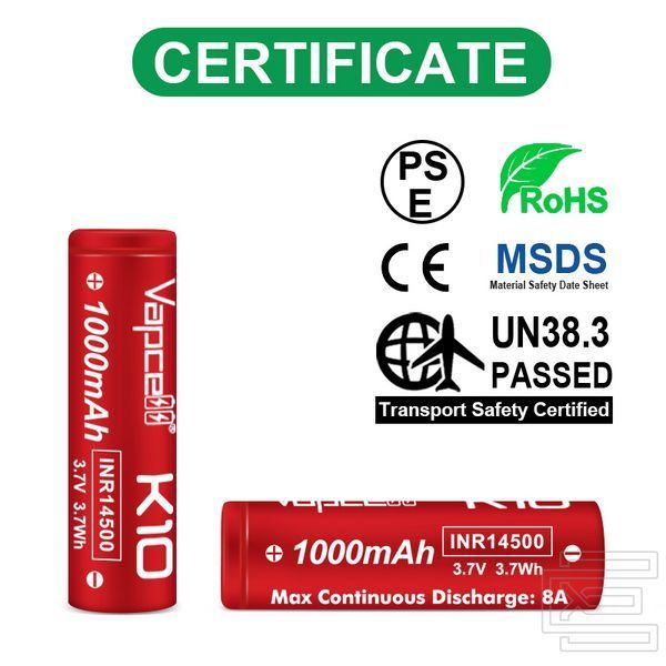 Акумуляторна батарея 14500 Vapcell INR14500-K10 8A 1000mAh 3,7В Li-ion без захисту (flat top) | PWR125 фото