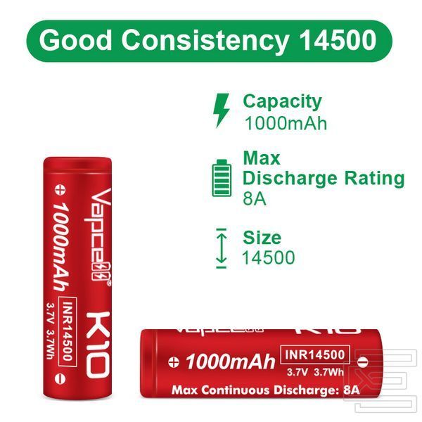 Акумуляторна батарея 14500 Vapcell INR14500-K10 8A 1000mAh 3,7В Li-ion без захисту (flat top) | PWR125 фото