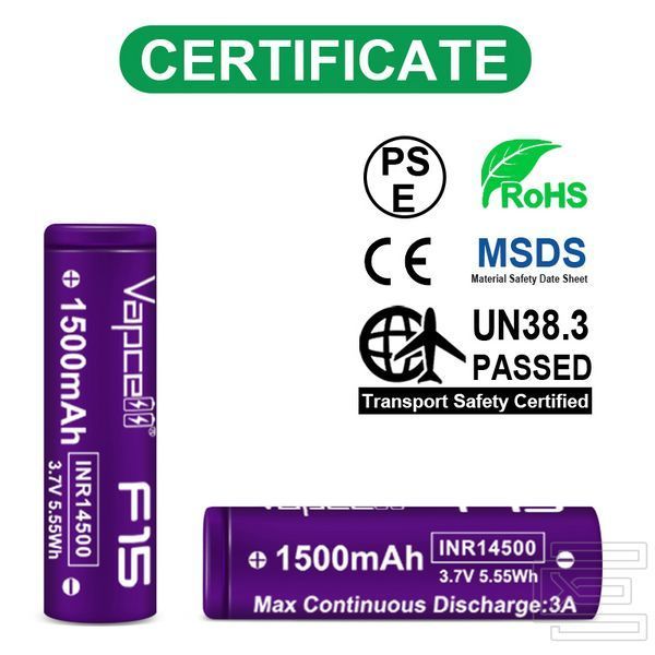 Акумуляторна батарея формату 14500 Vapcell INR14500-F15 3A 1500mAh 3,7В Li-ion без захисту (flat top) | PWR127 фото