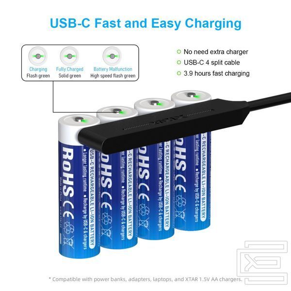 Акумуляторна батарея AA XTAR Blue LR-C 1.5V Li-ion 3000mAh з USB Type-C та LED індикатором | мaкс. розряд - 2.5А | набір 4шт. у пласт. кейсі із шнуром x4 Type-C | XTR359 фото