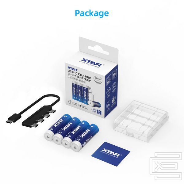 Акумуляторна батарея AA XTAR Blue LR-C 1.5V Li-ion 3000mAh з USB Type-C та LED індикатором | мaкс. розряд - 2.5А | набір 4шт. у пласт. кейсі із шнуром x4 Type-C | XTR359 фото