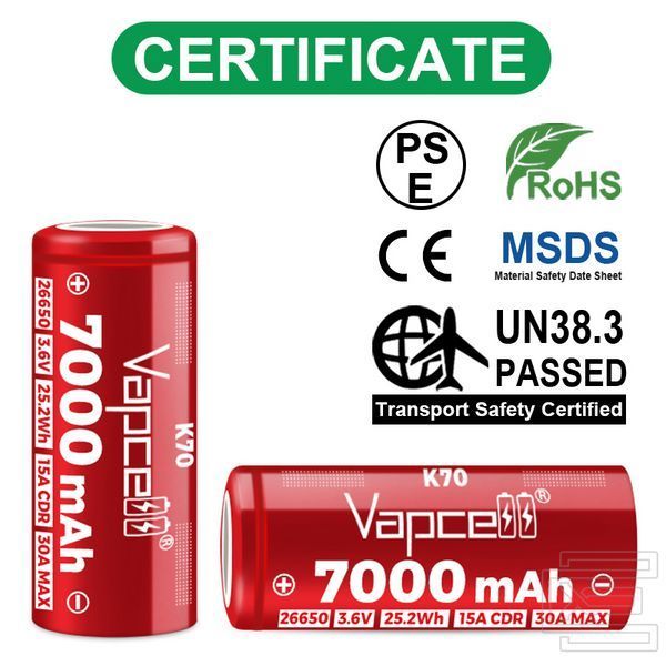 Акумуляторна батарея формату 26650 Vapcell INR26650-K70 15A 7000mAh 3,6В Li-ion без захисту (flat top) | PWR128 фото