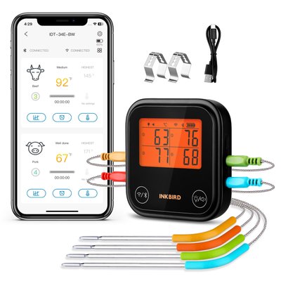 BBQ термометр IDT-34E-BW цифровий із Bluetooth та Wi-Fi 2.4G на 4 щупи (INKB228) | INKB228 фото