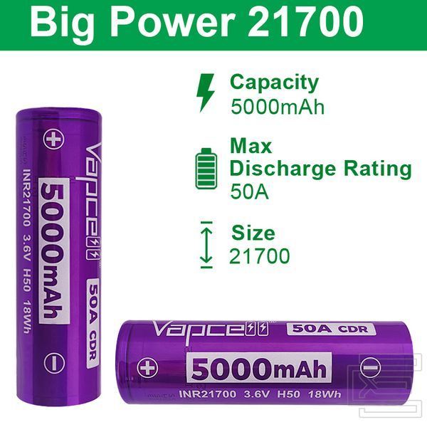 Акумуляторна батарея формату 21700 Vapcell INR21700-H50 50A 5000mAh 3,6В Li-ion без захисту (flat top) | PWR129 фото