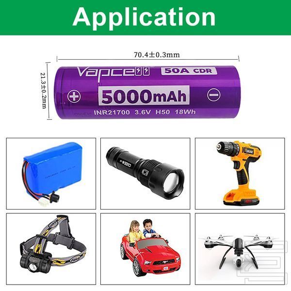 Акумуляторна батарея формату 21700 Vapcell INR21700-H50 50A 5000mAh 3,6В Li-ion без захисту (flat top) | PWR129 фото