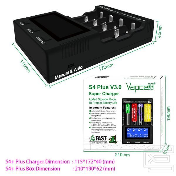 Зарядний пристрій Vapcell S4 plus V3.0 на чотири слоти для акумуляторів Li-ion, Ni-Mh, Ni-Cd | PWR132 фото