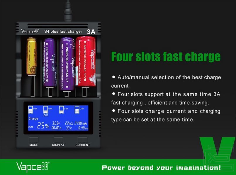 Зарядний пристрій Vapcell S4 plus V3.0 на чотири слоти для акумуляторів Li-ion, Ni-Mh, Ni-Cd | PWR132 фото