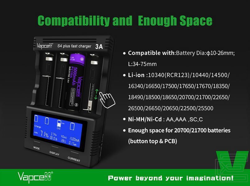 Зарядний пристрій Vapcell S4 plus V3.0 на чотири слоти для акумуляторів Li-ion, Ni-Mh, Ni-Cd | PWR132 фото