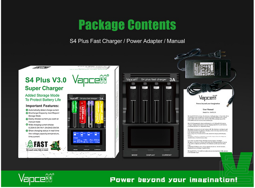 Зарядний пристрій Vapcell S4 plus V3.0 на чотири слоти для акумуляторів Li-ion, Ni-Mh, Ni-Cd | PWR132 фото