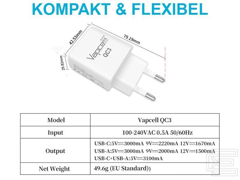 Блок живлення Vapcell QC3 18W | Швидка зарядка QC 3.0 + PD, USB-A і Type-C (3А макс)  | PWR134 фото