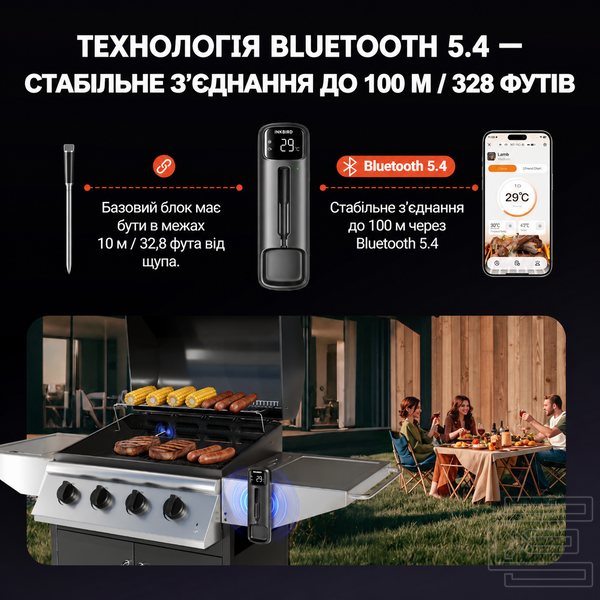 BBQ термометр Inkbird INT-11C-B бездротовий кулінарний цифровий | Bluetooth 5.4 до 100 м, 2 датчики в щупі, LED-база, офлайн запис, захист IP67 | INKB288 фото