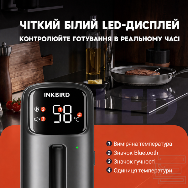 BBQ термометр Inkbird INT-11C-B бездротовий кулінарний цифровий | Bluetooth 5.4 до 100 м, 2 датчики в щупі, LED-база, офлайн запис, захист IP67 | INKB288 фото