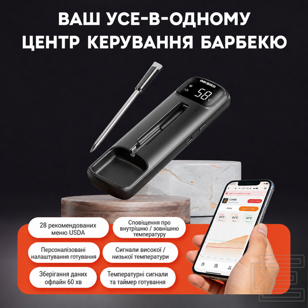BBQ термометр Inkbird INT-11C-B бездротовий кулінарний цифровий | Bluetooth 5.4 до 100 м, 2 датчики в щупі, LED-база, офлайн запис, захист IP67 | INKB288 фото