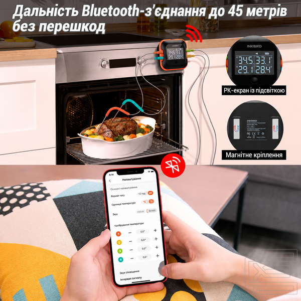 BBQ термометр Inkbird IBT-24S Bluetooth на 4 кольорові щупи для м'яса, гриля, духовки та коптильні | керування через застосунок з графіками температур, дальність до 45 м, точність &plusmn;0,5&deg;C | термометр для стейків з таймером та сигналізацією | INKB127 фото