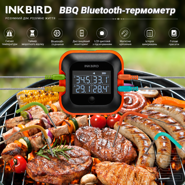 BBQ термометр Inkbird IBT-24S Bluetooth на 4 кольорові щупи для м'яса, гриля, духовки та коптильні | керування через застосунок з графіками температур, дальність до 45 м, точність &plusmn;0,5&deg;C | термометр для стейків з таймером та сигналізацією | INKB127 фото