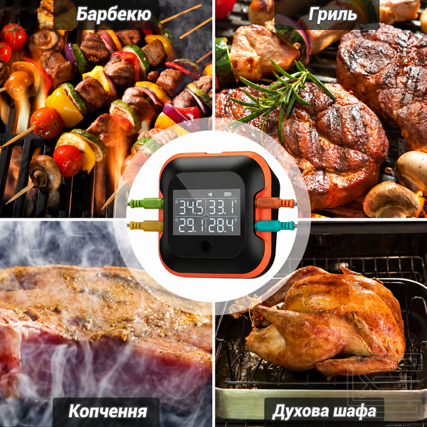 BBQ термометр Inkbird IBT-24S Bluetooth на 4 кольорові щупи для м'яса, гриля, духовки та коптильні | керування через застосунок з графіками температур, дальність до 45 м, точність &plusmn;0,5&deg;C | термометр для стейків з таймером та сигналізацією | INKB127 фото
